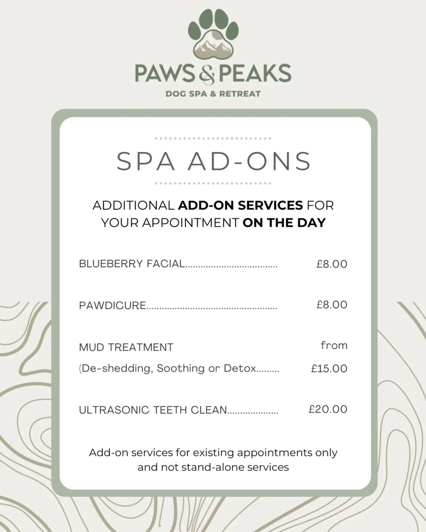 Did you know we offer extra pampering services for your pup that you can add on the day of their appointment?

Ask about add-on services when you drop off your companion.
.
.
.
#dogspa #pamperedpup #dogsalon #doglife #blueberryfacial #pawdicure #mudb