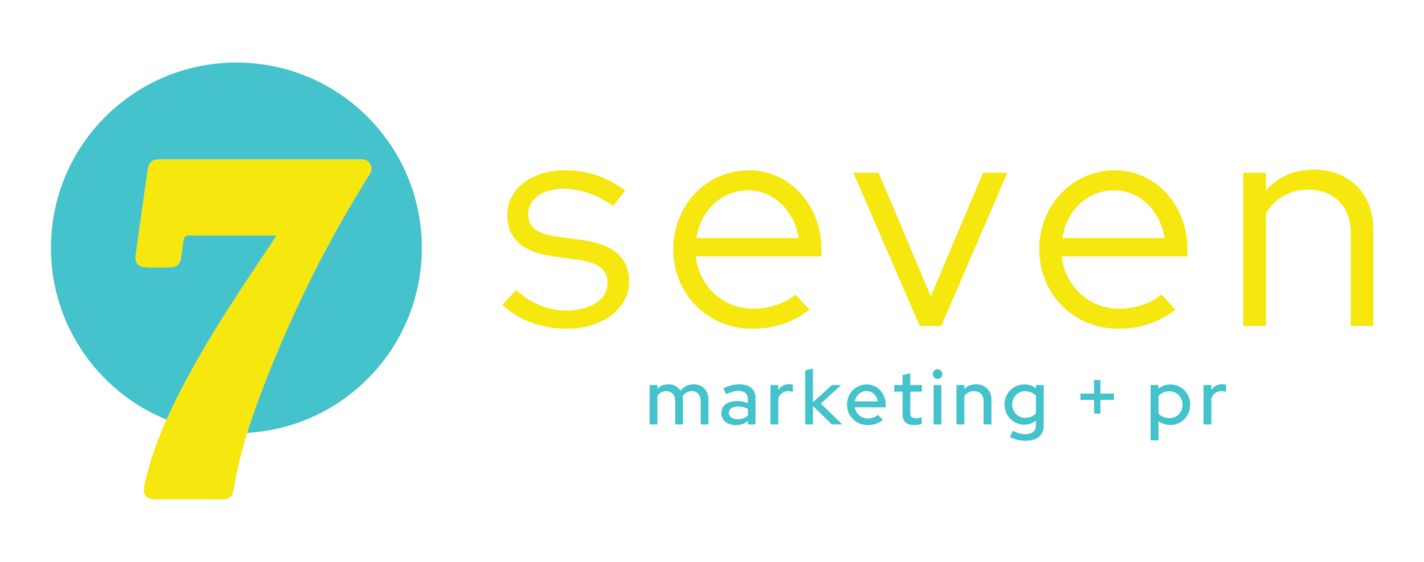 Logo of Seven Marketing + PR with a yellow "7" on a teal circle and yellow text.