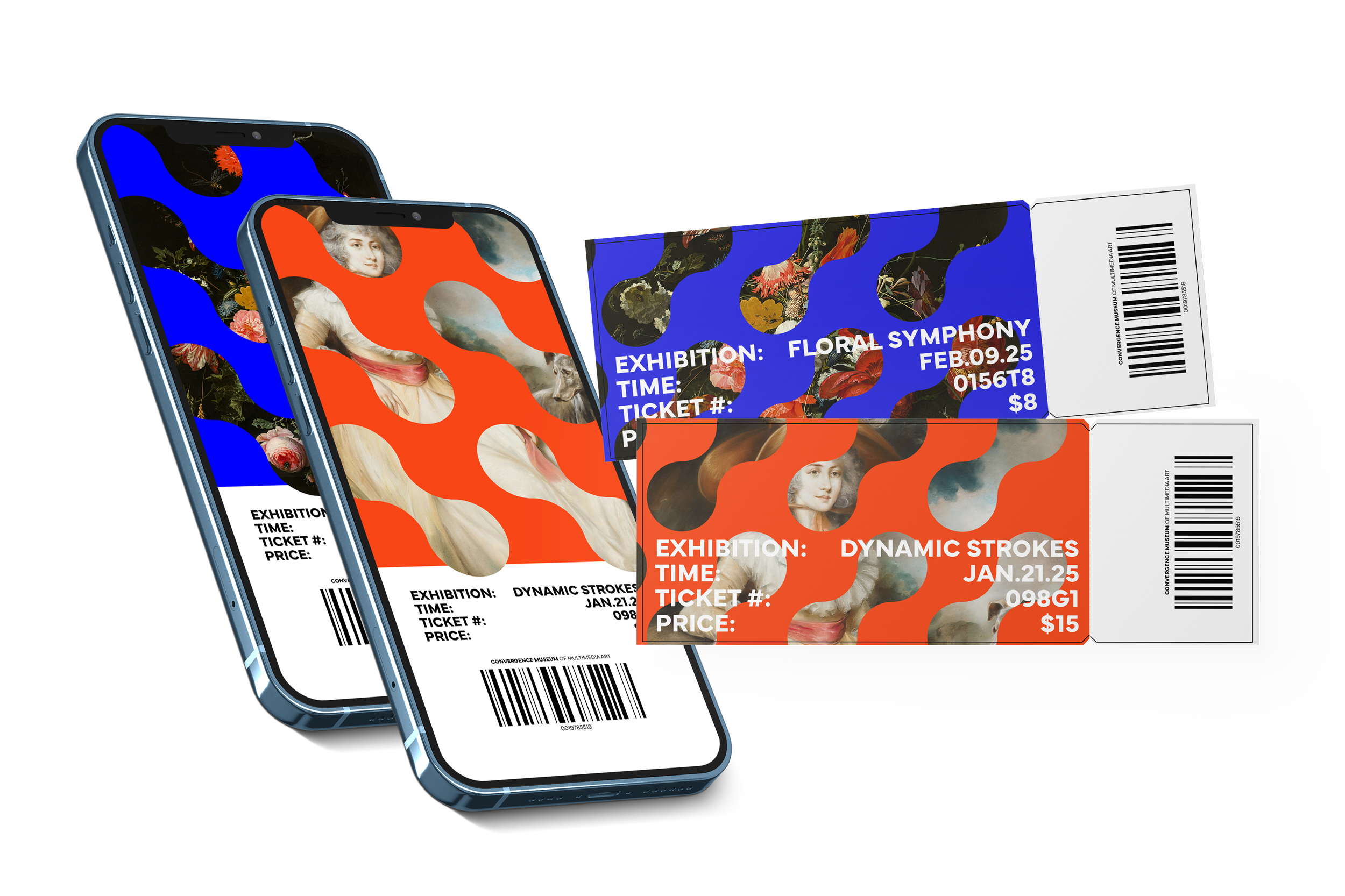 Mockup of both printed and digital tickets for Convergence Museum of Multimedia Art