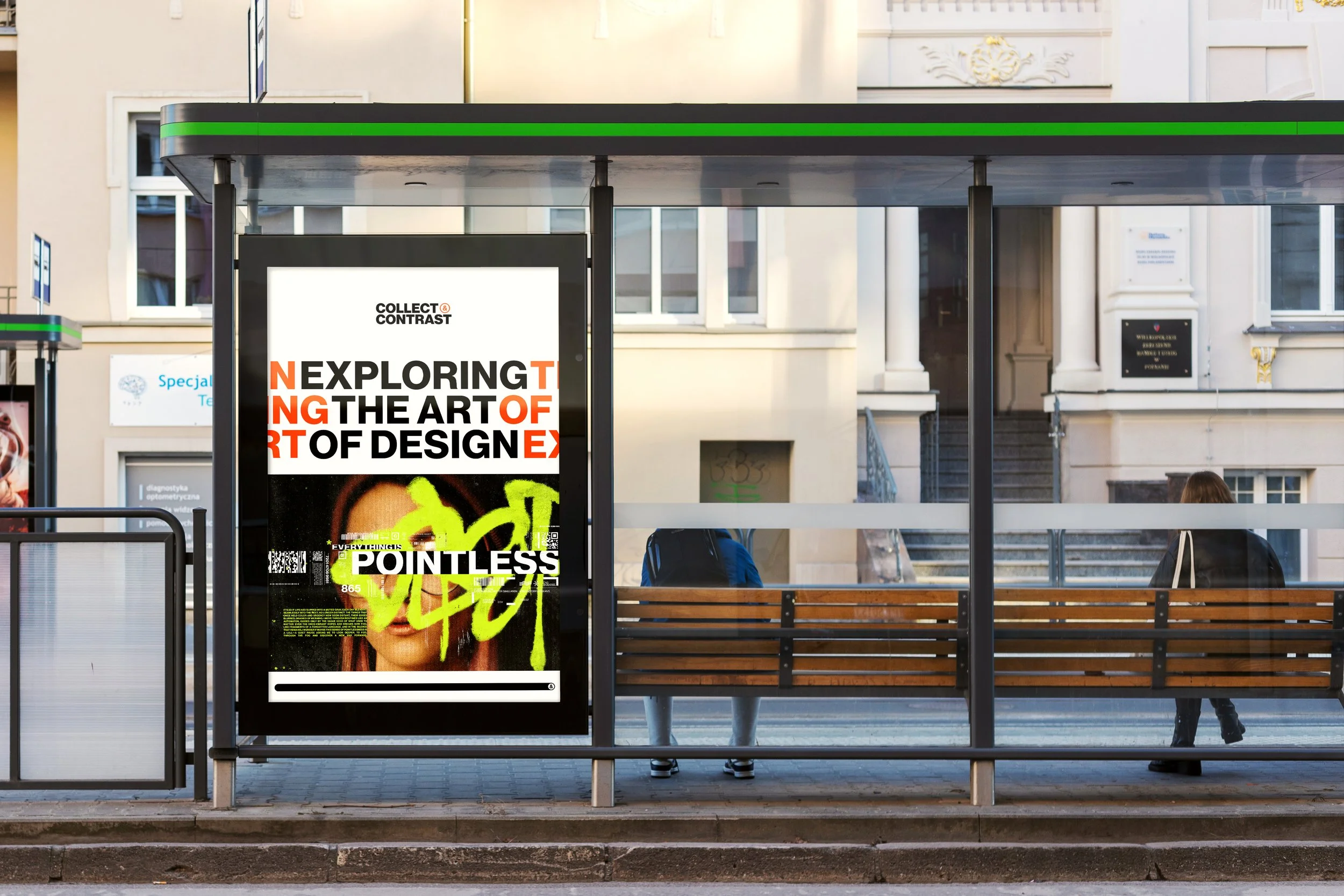 Collect & Contrast poster design. The poster is on the side of a subway stop in a city environment