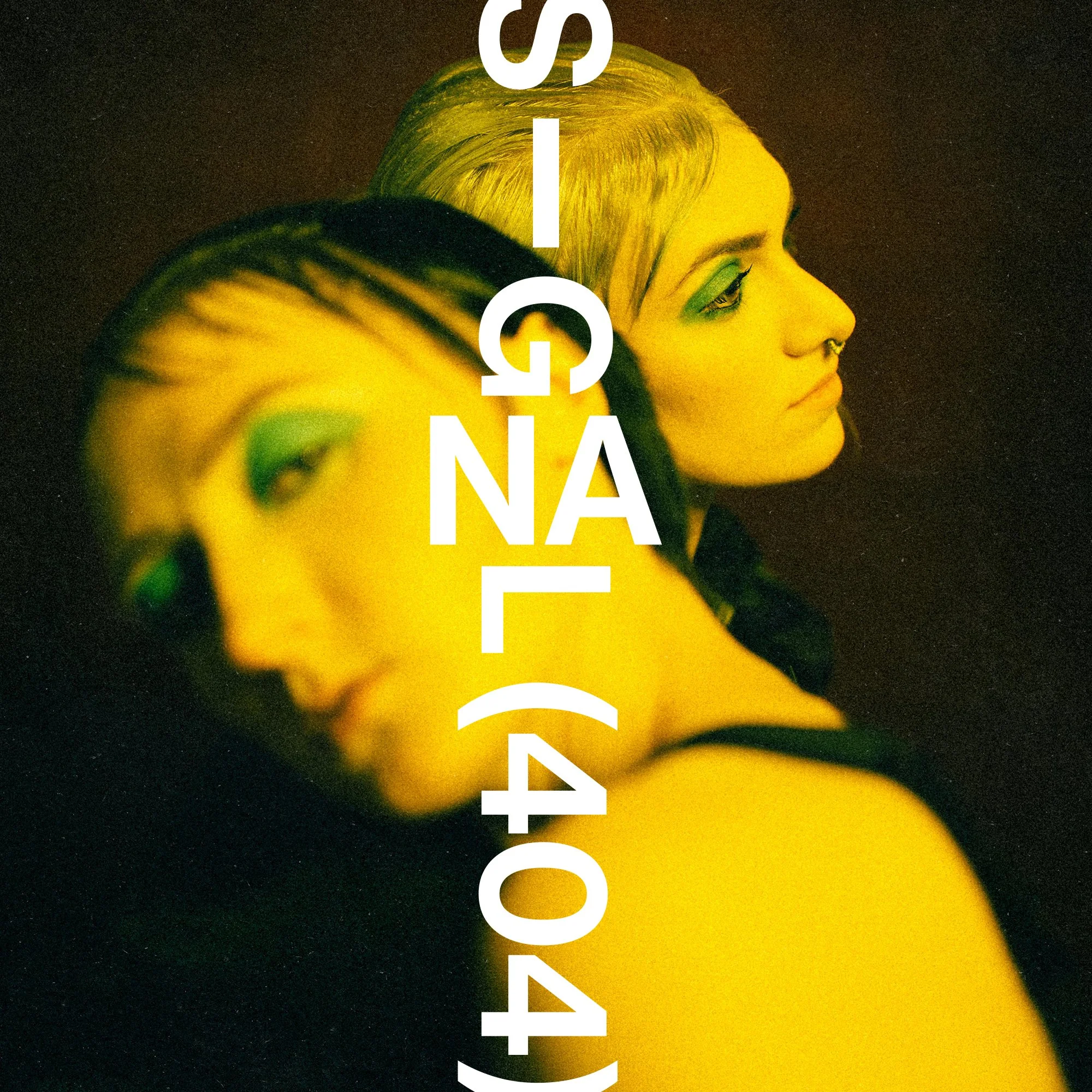 A social media design for Signal 404. The signal 404 logo is upright and an image of 2 women bathed in yellow light