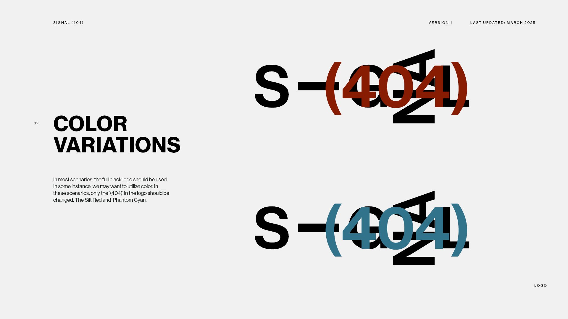 Signal 404 brand guide logo color variations slide