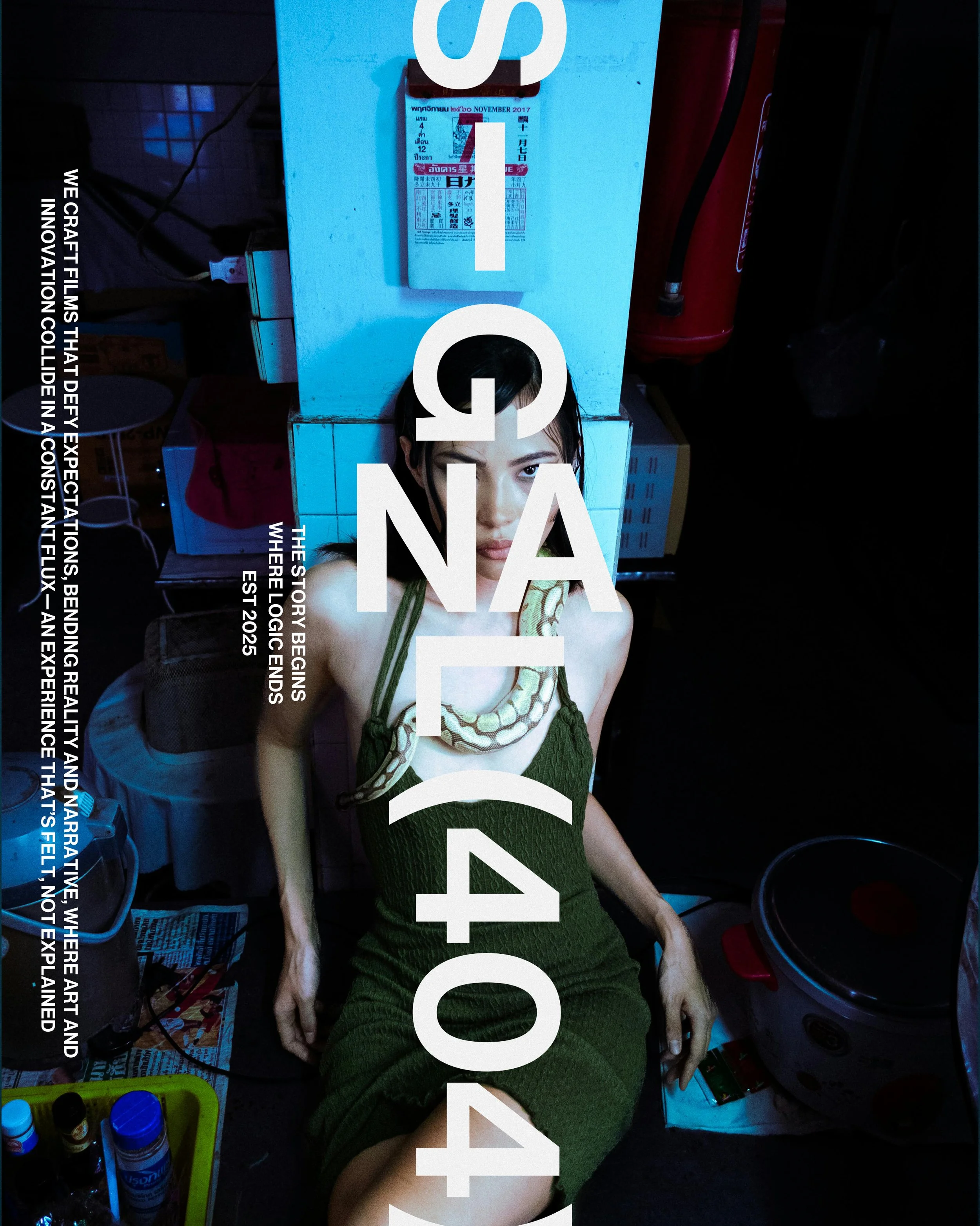 Poster design for Signal 404. The signal logo is upright and on top of a woman in a green dress