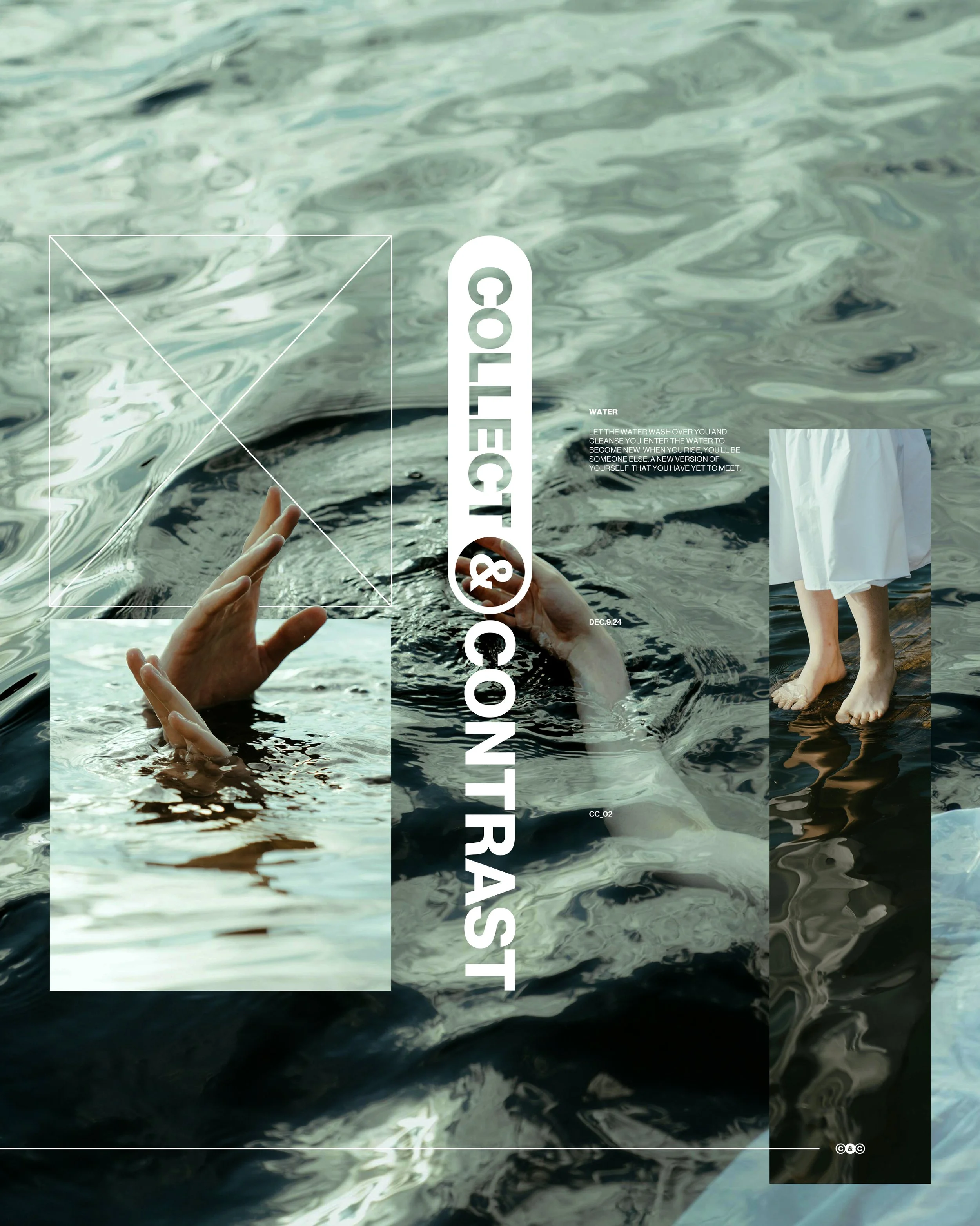 Poster design for Collect & Contrast. The design is based on grid and includes different images featuring someone in water