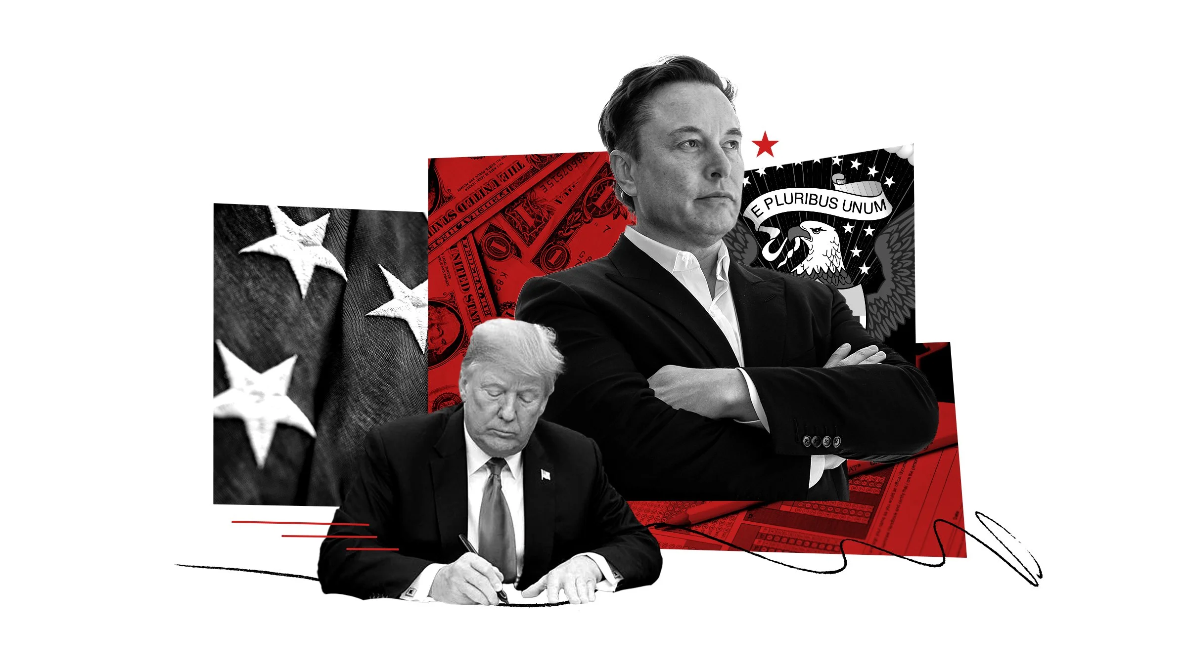 Editorial collage illustration of Trump and Elon Musk