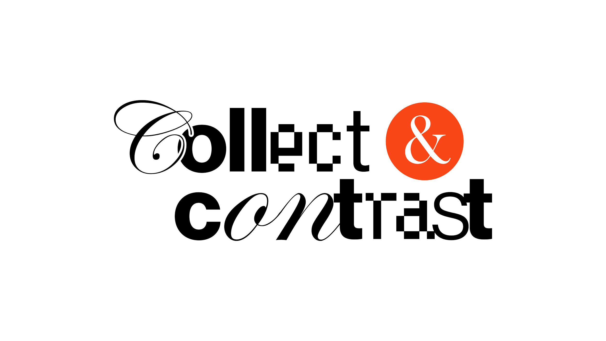 The old Collect & Contrast logo. The logo incorporate 4 different fonts in different weights with an orange ampersand symbol