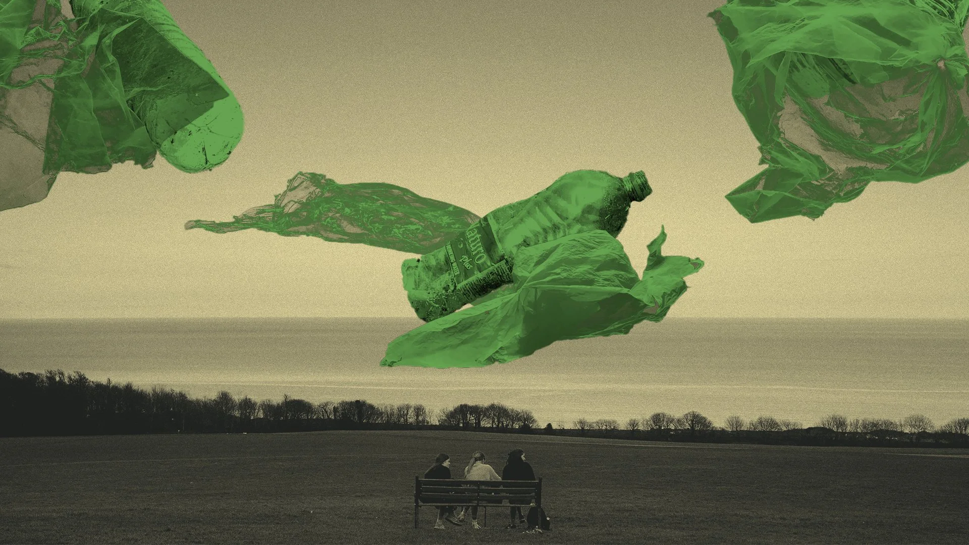 Spot illustration of plastic bags and water bottles floating in the sky