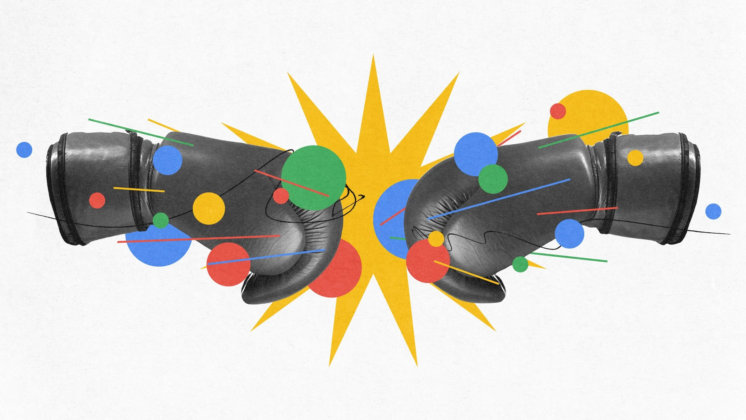 Editorial illustration of two boxing gloves colliding and colors exploding from the impact