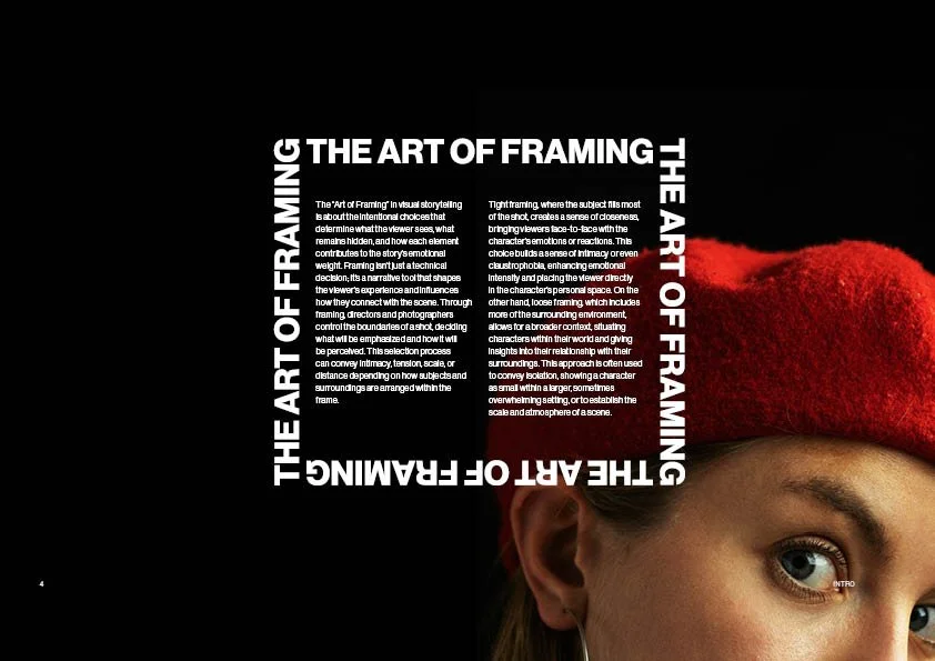 Excerpt page from 'Frames of Vision'.  'The Art of Framing' repeats in a square pattern. Inside is copy. In the bottom right corner is a women, but you can only see the top part of her face