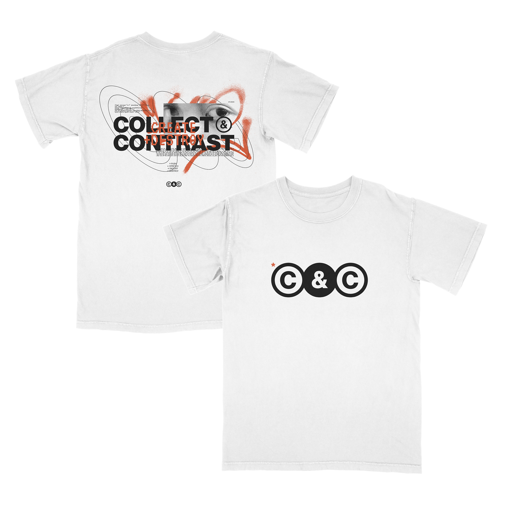 merch design for Collect & Contrast. The design is a collage of elements including the brand logo and icon