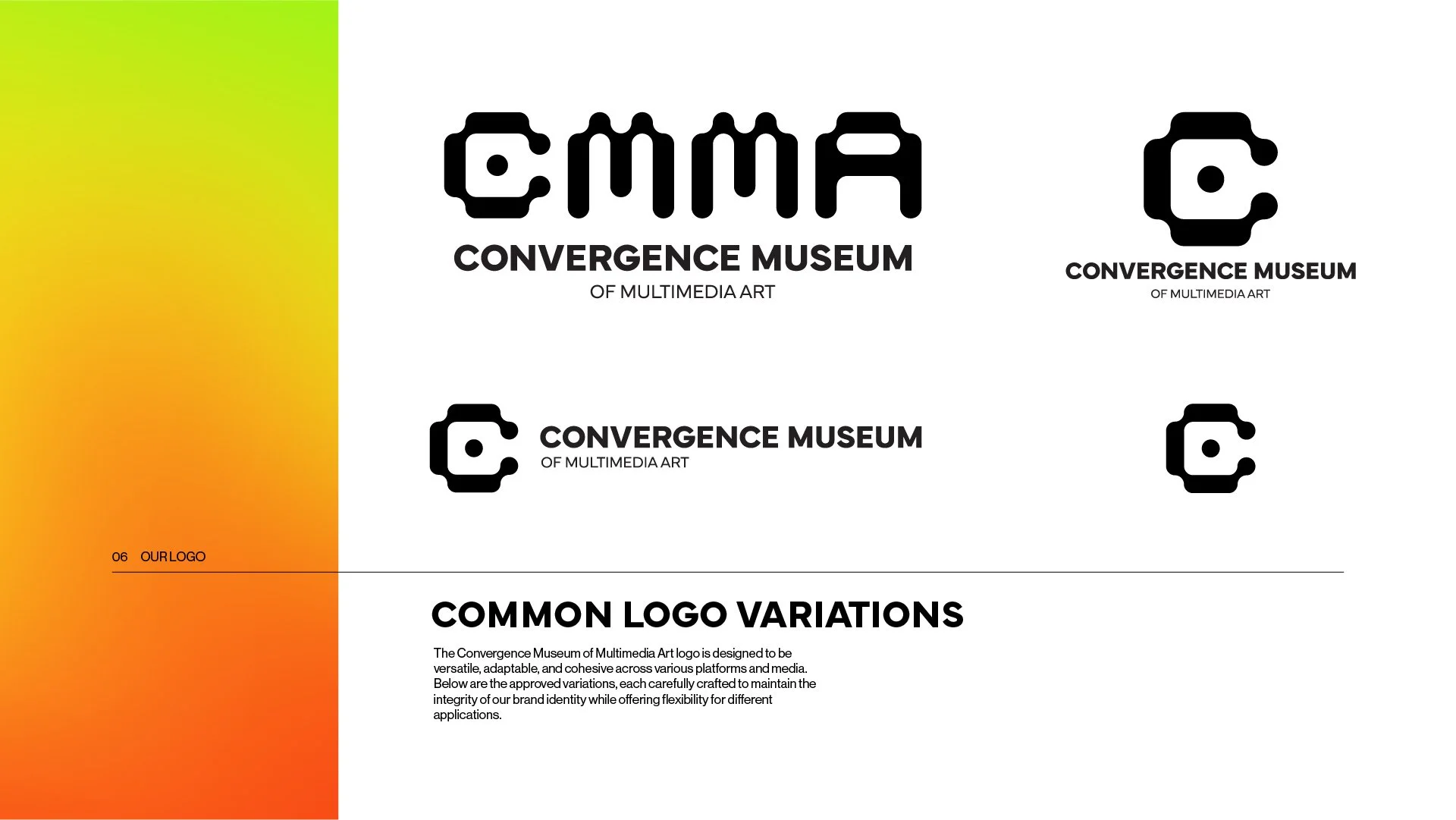 Except from Convergence Museum of Multimedia Art's brand guide showcasing the brands logo variations