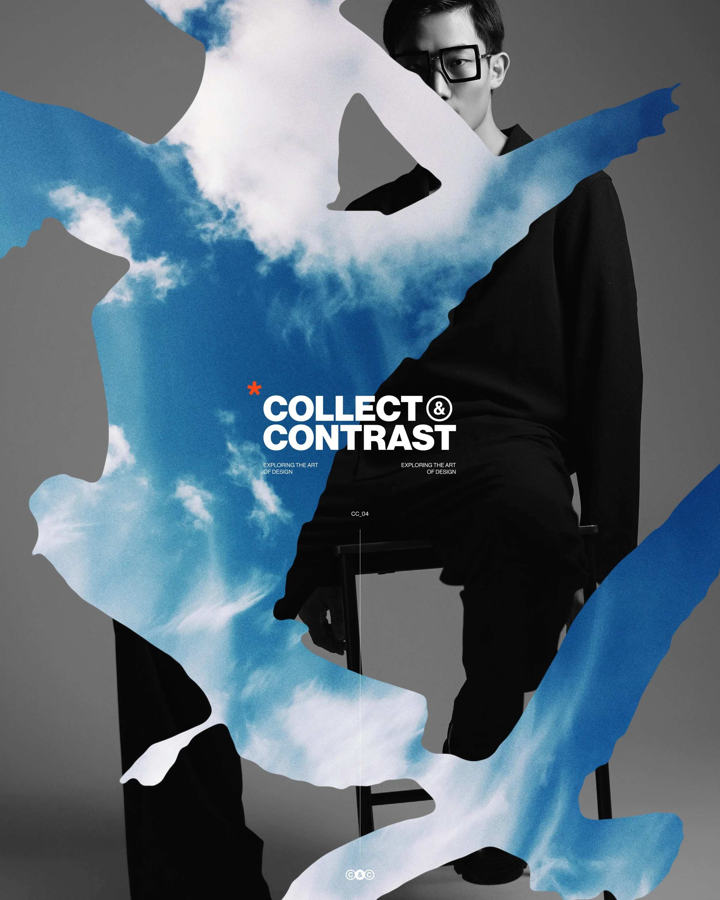 Poster design for Collect & Contrast. The design is a collage with the primary brand logo in the center. The collage is a man sitting in chair and on top is the shape of birds flying, but inside you can only see the sky