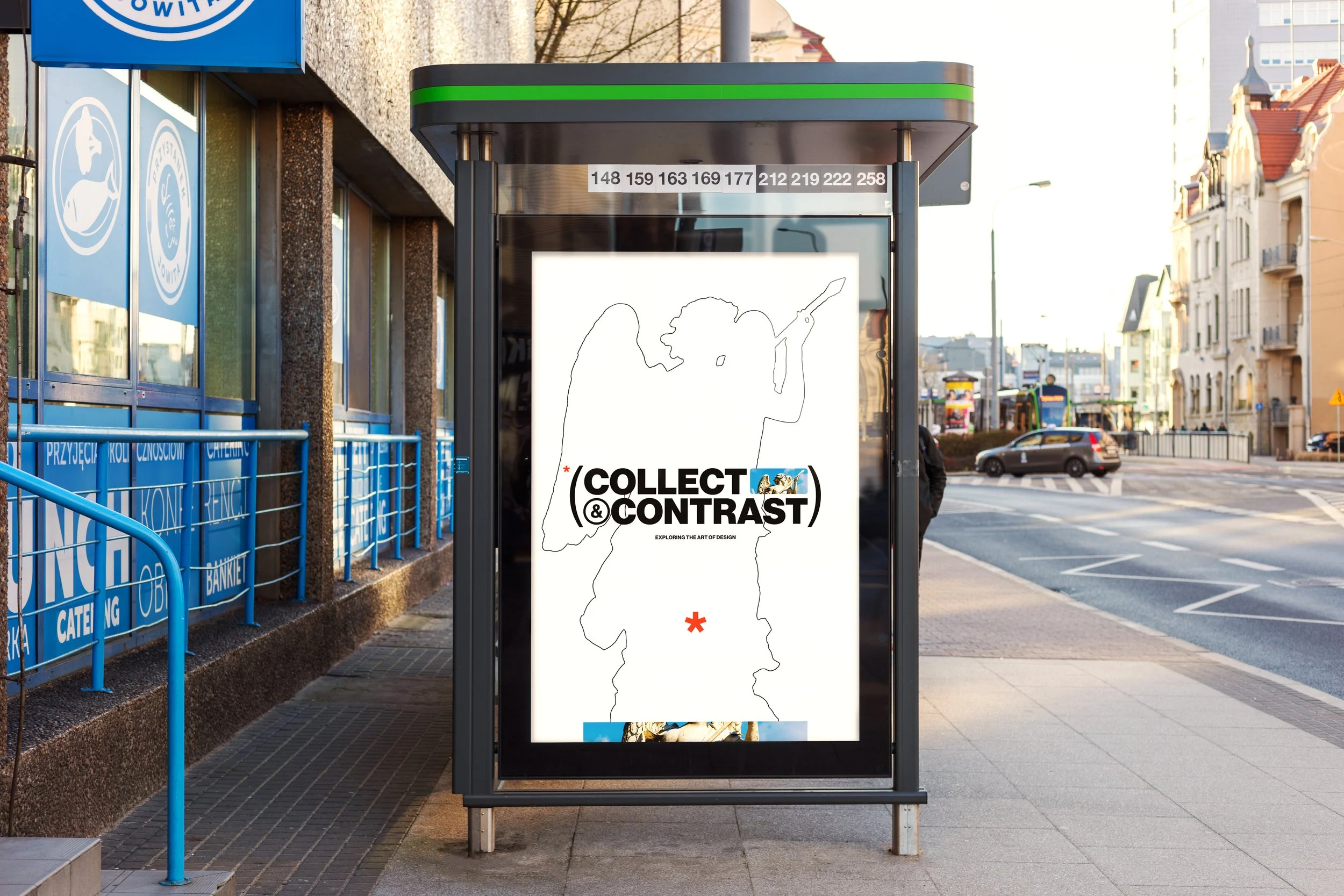 Collect & Contrast poster design. The poster is on the side of a subway stop in a city environment