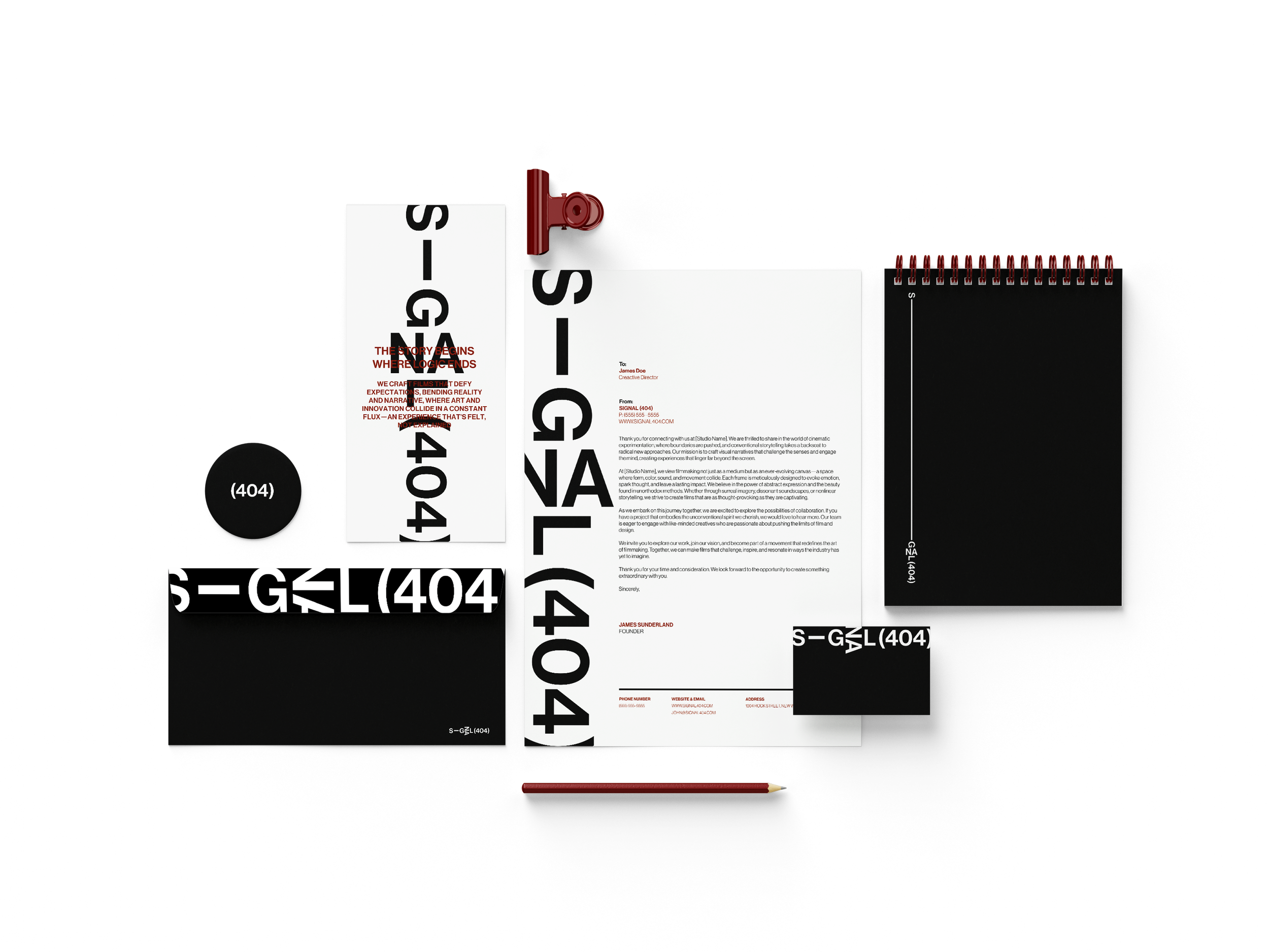 Mockup of brand collateral for Signal 404 included things such as a coaster, Pamphlet, Envelope, Business card, Spiral Notebook, and Letterhead