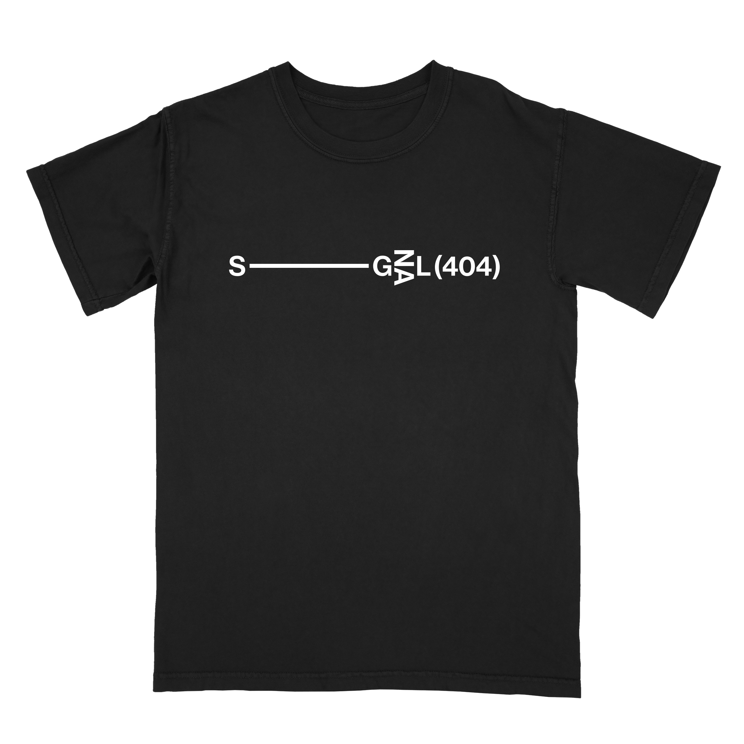 black t-shirt with the stretched Signal 404 logo on the front