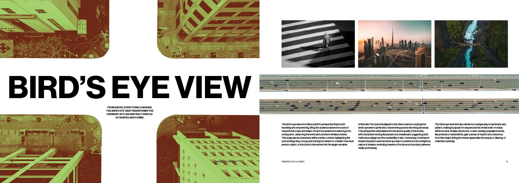 Excerpt from 'Frames of Vison'. On the left, a bird's eye view of a city with the road erased and the words' Bird's Eye View in it's place.
