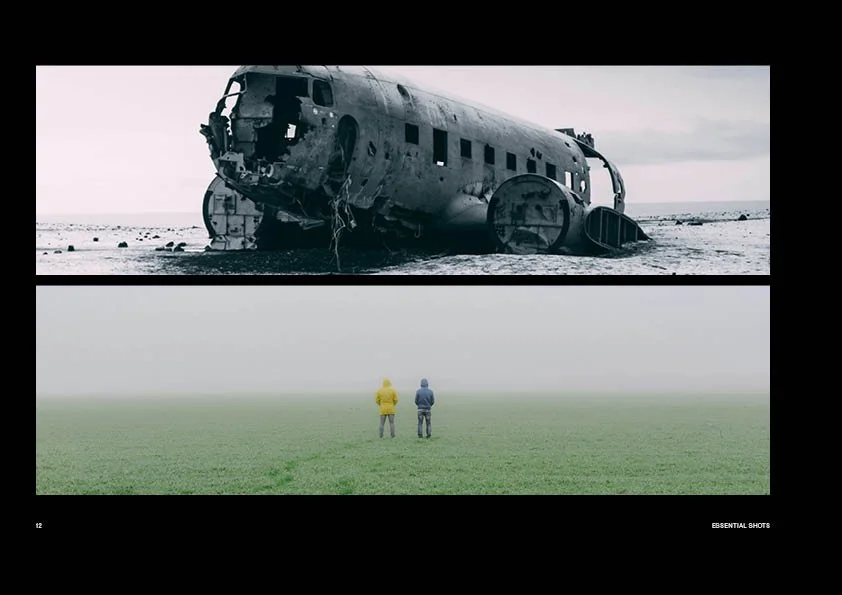 Excerpt from 'Frames of Vison'. Two images span across the page. One is of a destroyed plane and the other of two men standing in a foggy field
