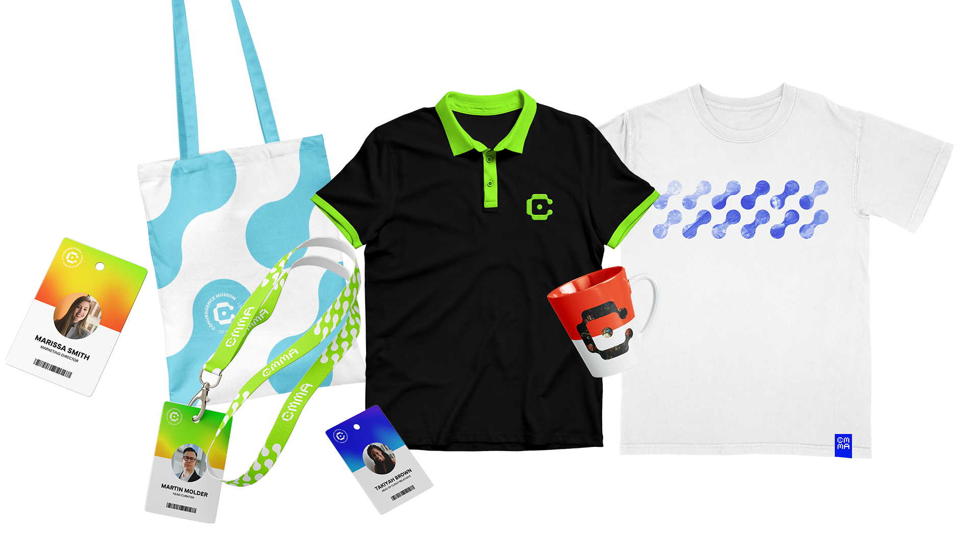 A collage of merchandise and employee uniform for Convergence Museum of Multimedia Art