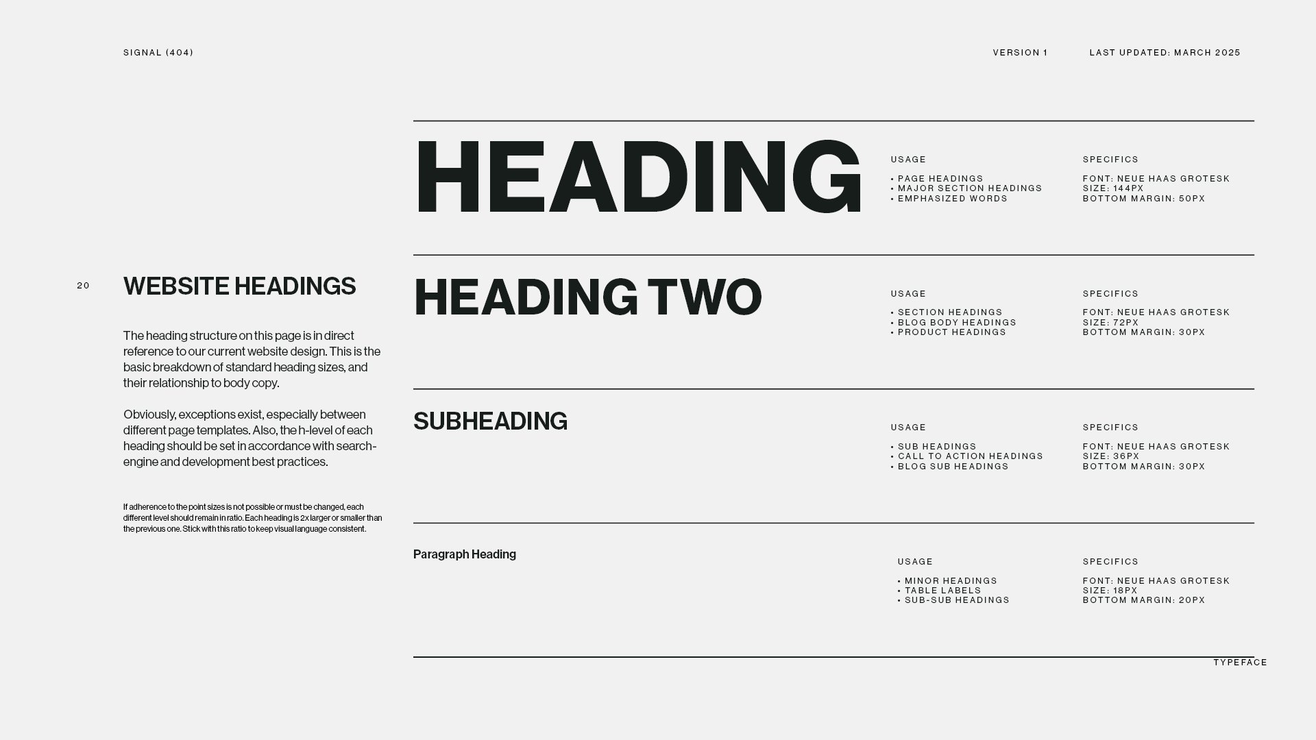 Signal 404 brand guide website headings slide