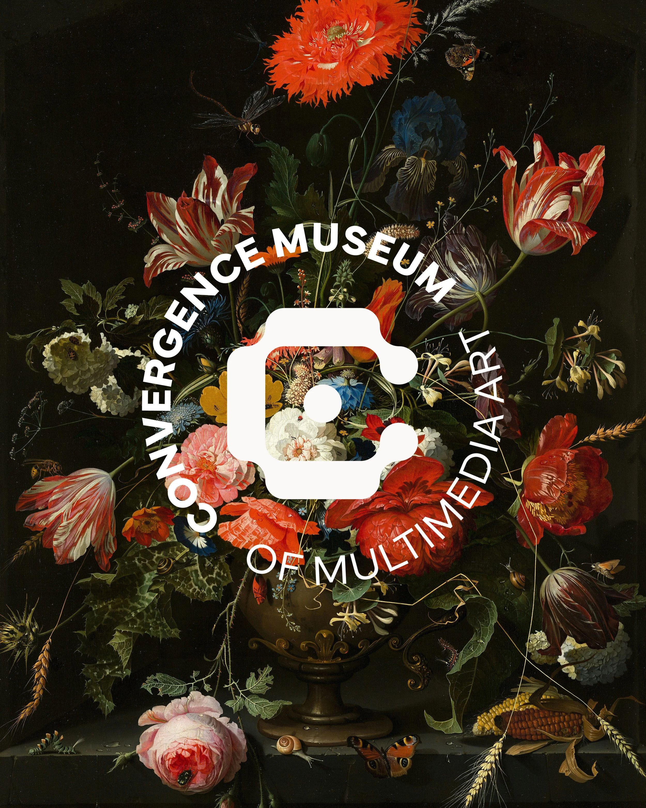 Convergence Museum of Multimedia Art's circular logo variation on top of a painting of flowers in a vase