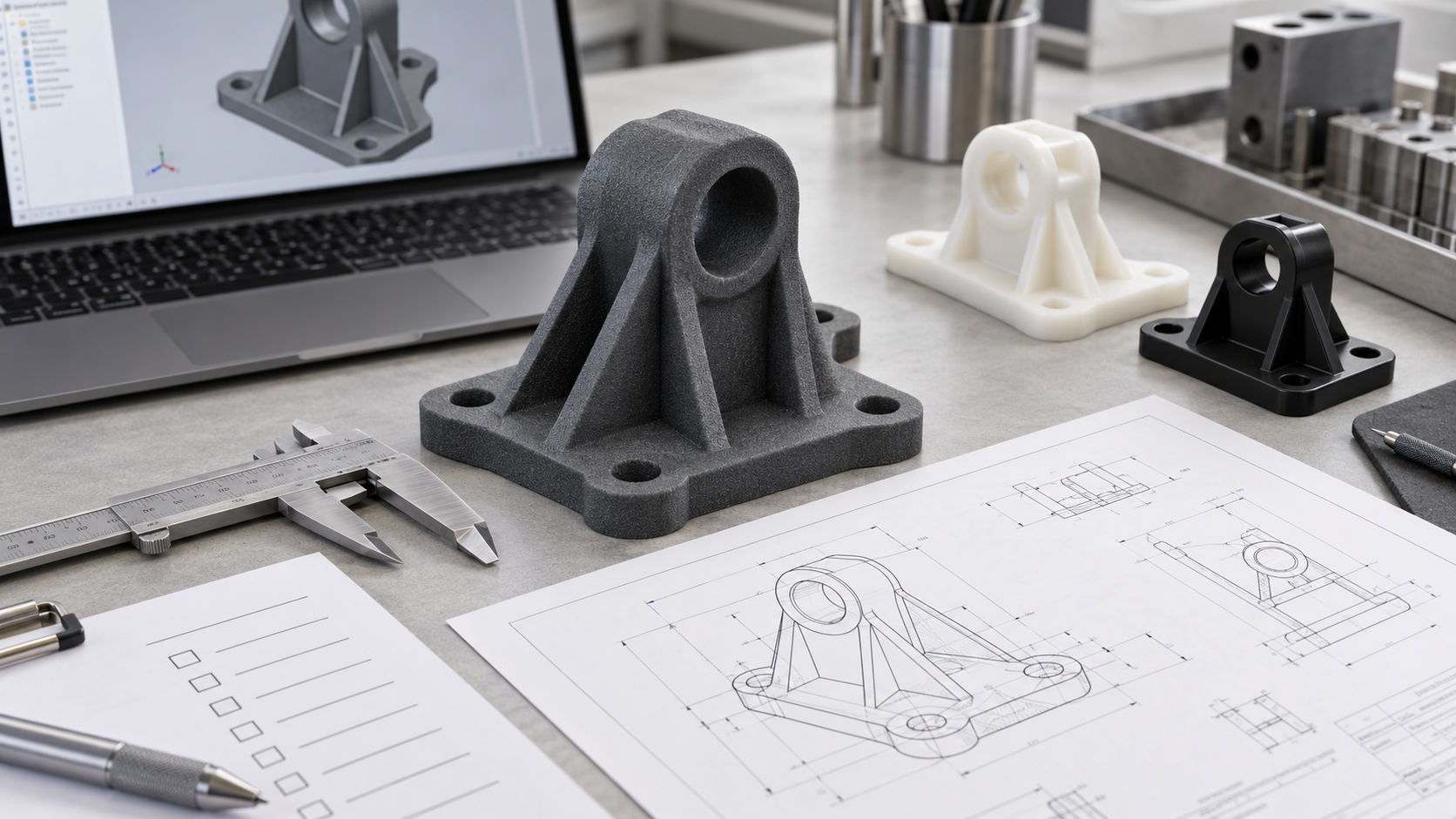 3D-printed nylon brackets beside a CAD model, technical drawing and caliper on an engineering workbench.