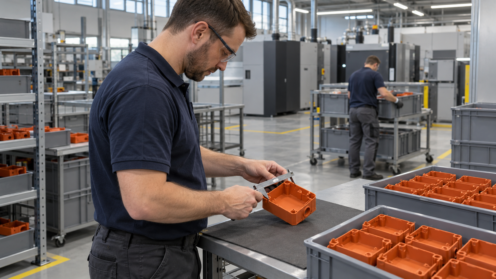 Technician measuring an orange polymer housing with a caliper beside batches of matching parts in an industrial production facility.