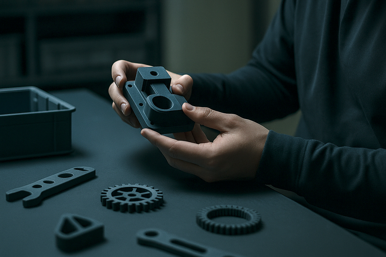 Hands holding a 3D-printed polymer part, illustrating the difference between STL mesh files and STEP solid CAD files.