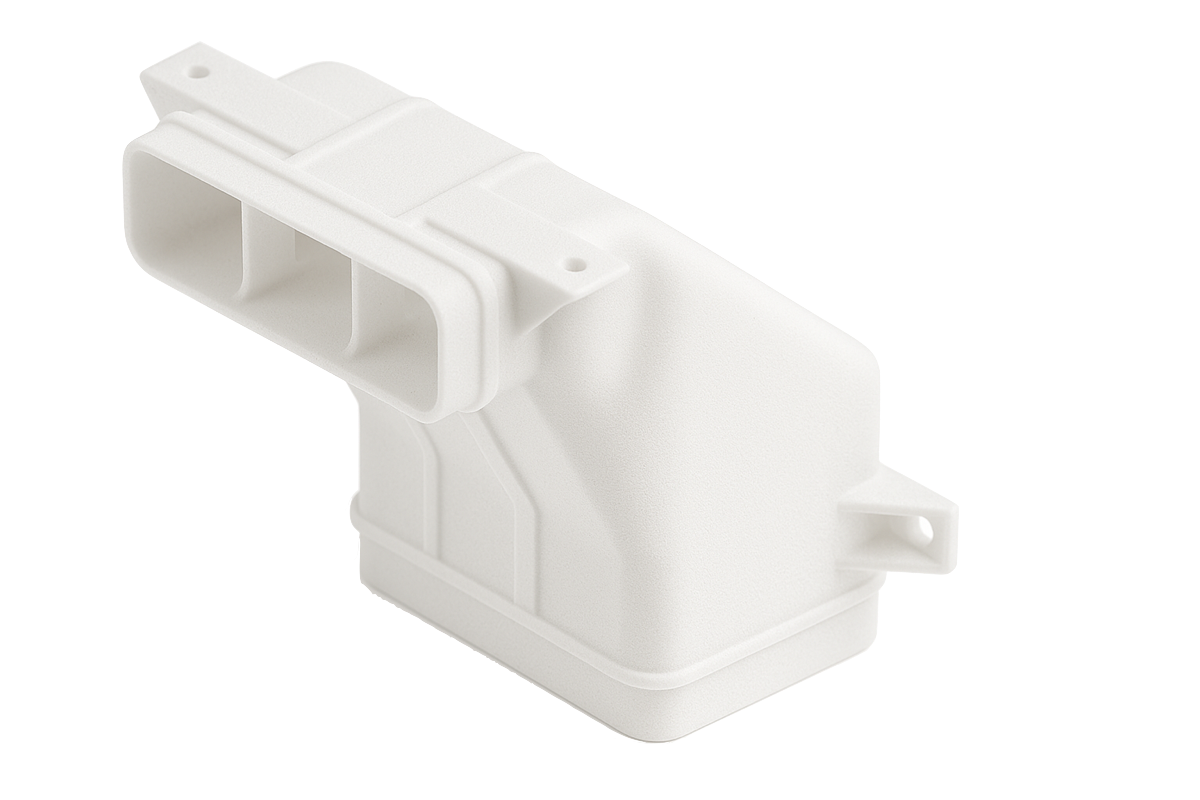 3D-printad del i vit nylon PA12 tillverkad med MJF-teknik, med slät yta och detaljerad geometri.