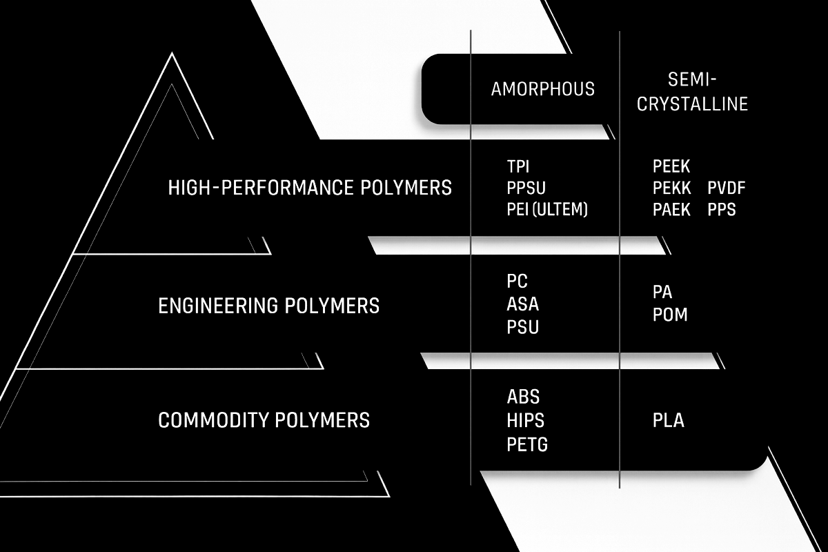 Polymerpyramiddagram som visar råvaror, tekniska polymerer och högpresterande polymerer grupperade efter kostnad och materialprestanda.