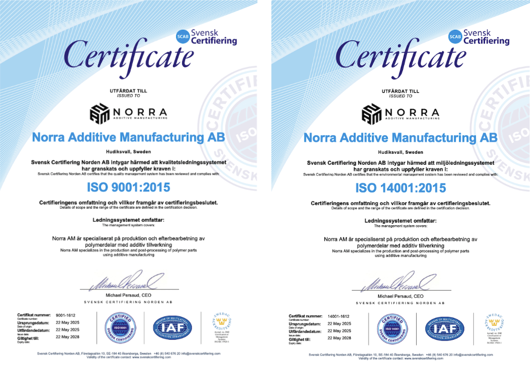 Norra AM ISO 9001:2015 and ISO 14001:2015 certifications demonstrating quality management and environmental management compliance