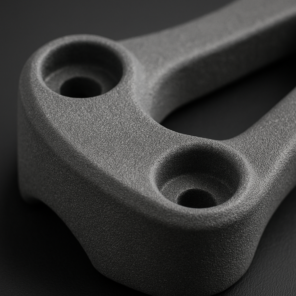 Närbild av en halvkristallin 3D-printad polymerdel som visar dess karakteristiska ytstruktur.