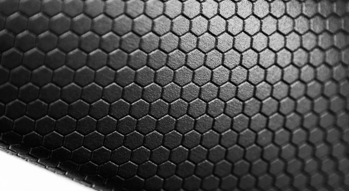Närbild av en 3D-printad svart del med hexagonalt strukturerad yta som ger bättre grepp och minskad bländning.