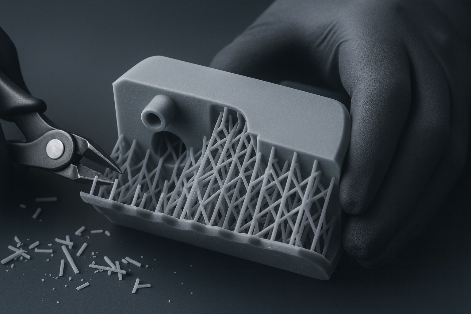 Manual removal of 3D printing support structures, illustrating how post-processing labor affects overall production cost.