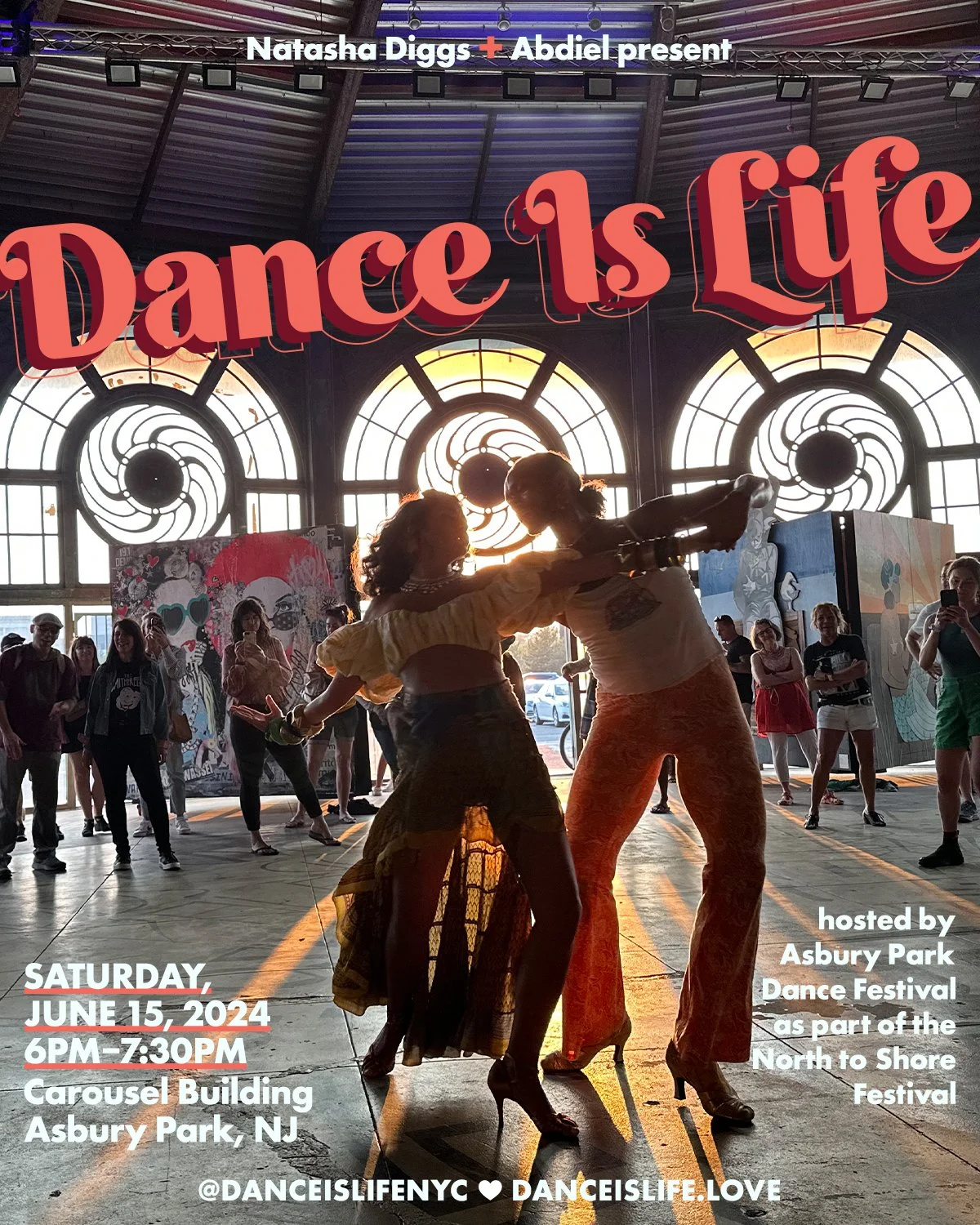 Promotional flier of Natasha Diggs and Abdiel dancing Latin Hustle inside the Carousel Building in Asbury Park
