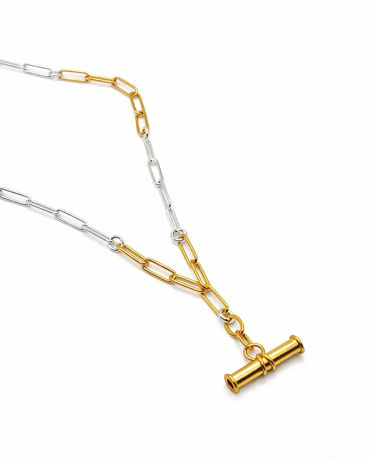 T bar two-tone gold and silver paperclip link necklace