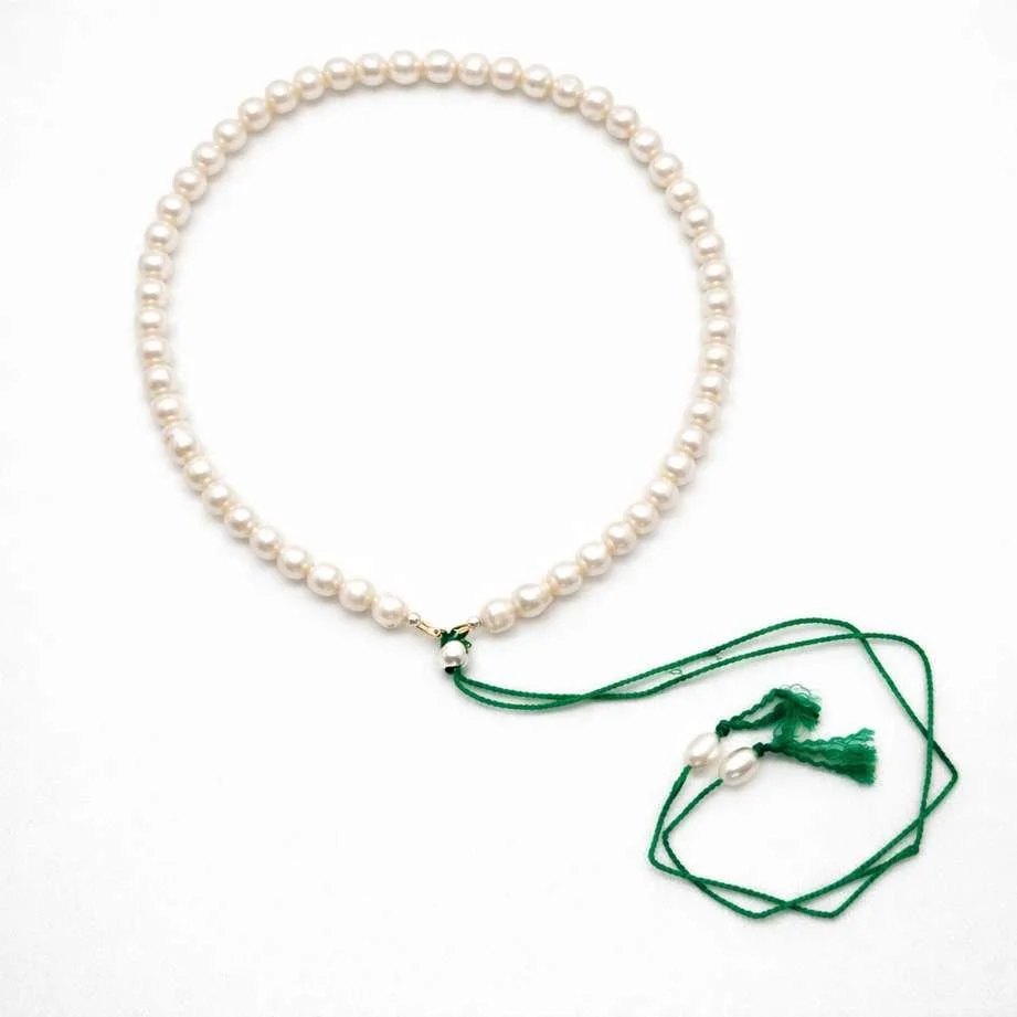 The Season freshwater pearl green silk necklace