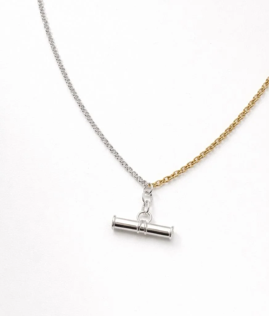 T bar mixed metal, gold and silver pendant (silver T bar)
