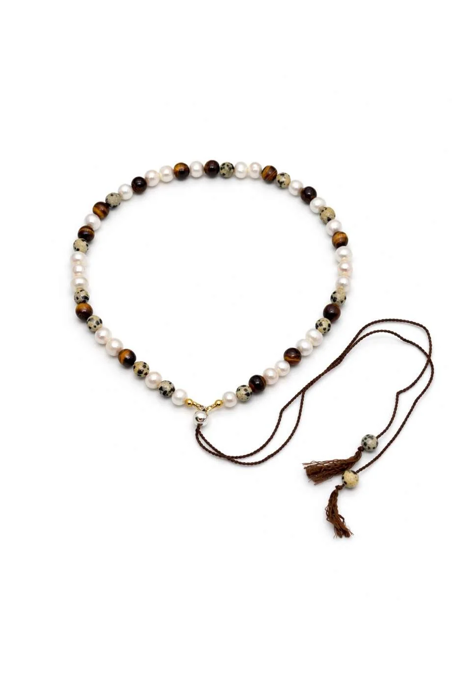 The Season freshwater pearl and gemstone brown silk necklace