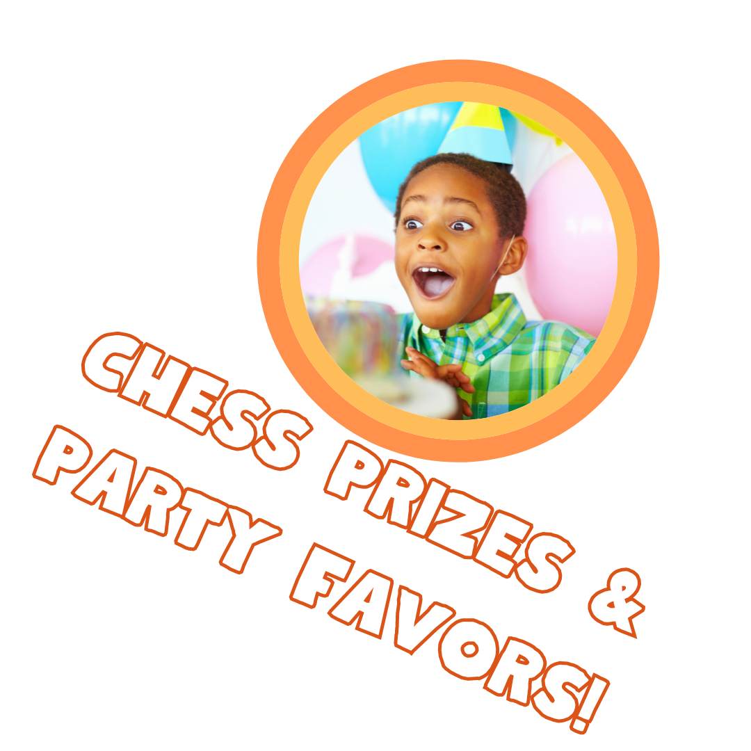 Excited child in a party hat surrounded by balloons, with text "Chess Prizes & Party Favors!"