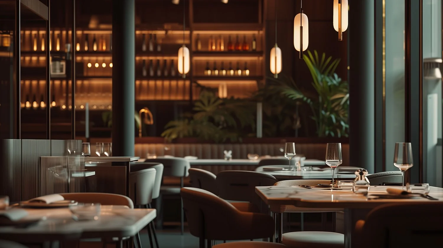 Elegant fine dining restaurant interior with warm lighting