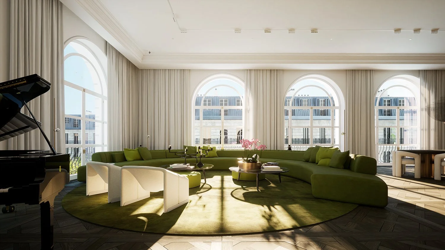 Paris loft living room with arched windows, curved green sofa