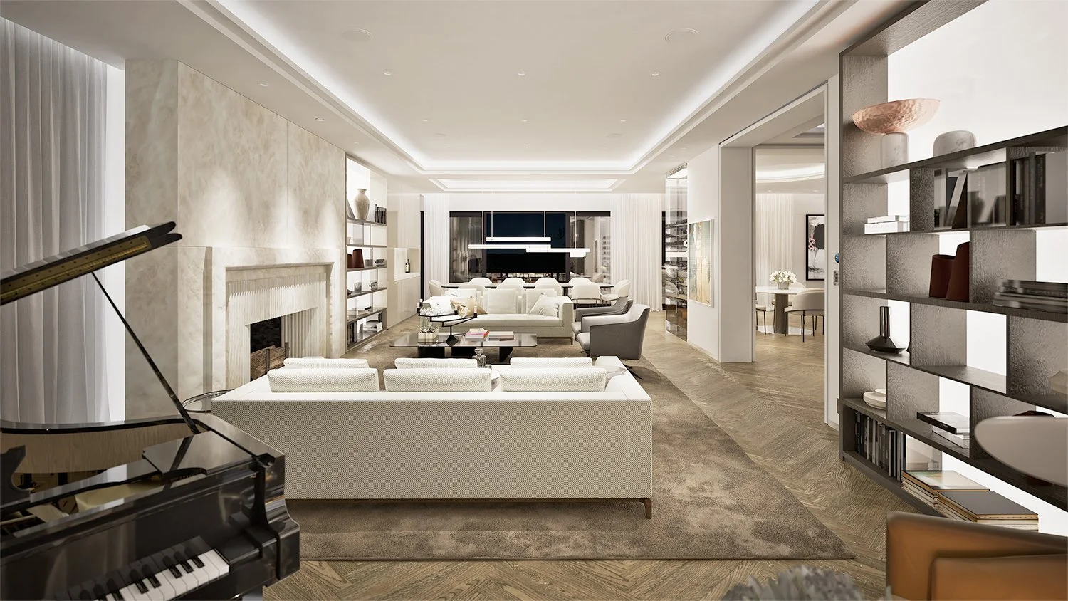 Westmount residence High-end living room interior with marble fireplace, white sofas