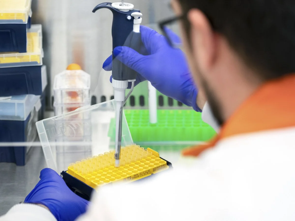 A scientist in a laboratory using a pipette to transfer liquid into a yellow-well microplate, wearing blue gloves and safety glasses.