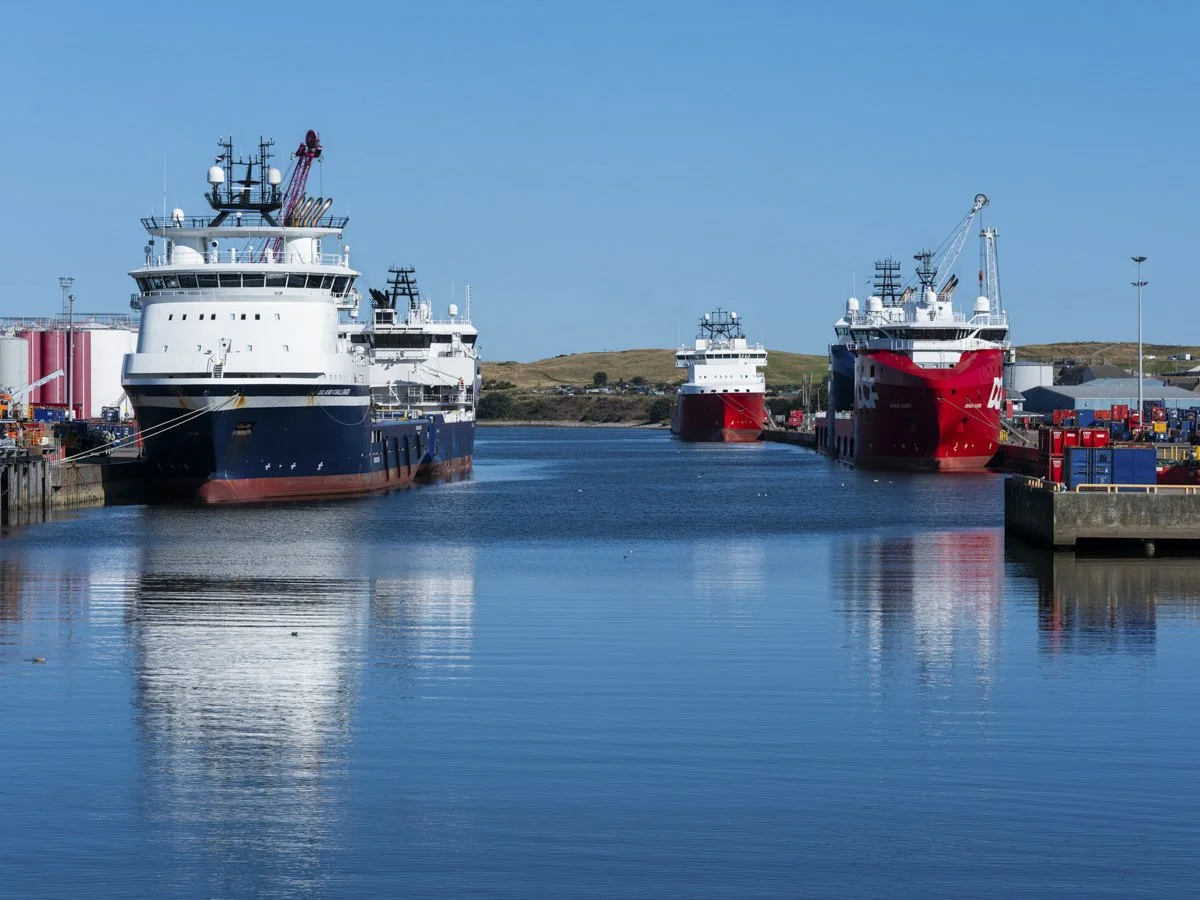 Four large ships docked at a harbor with calm blue water and a clear sky.