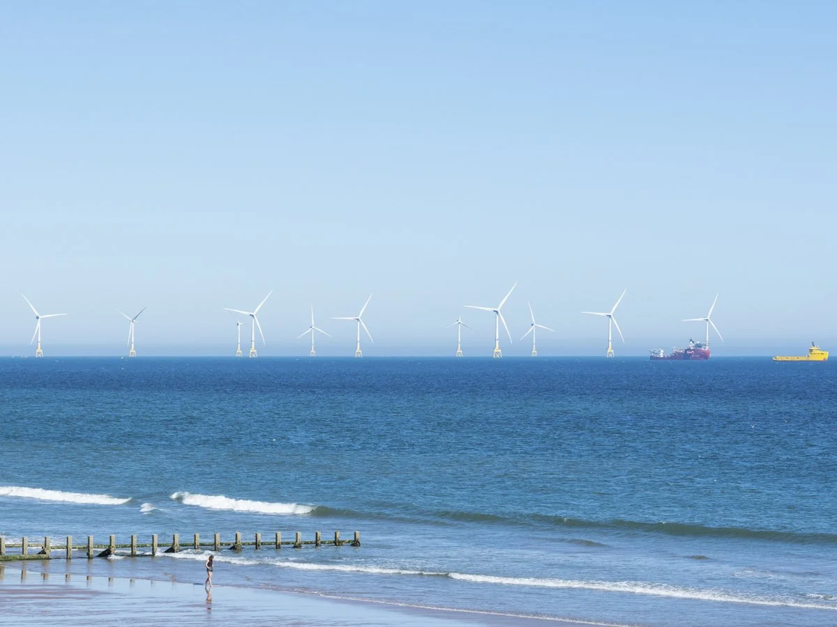View of the ocean with a row of wind turbines on the horizon, two ships sailing, and a person walking along the beach.