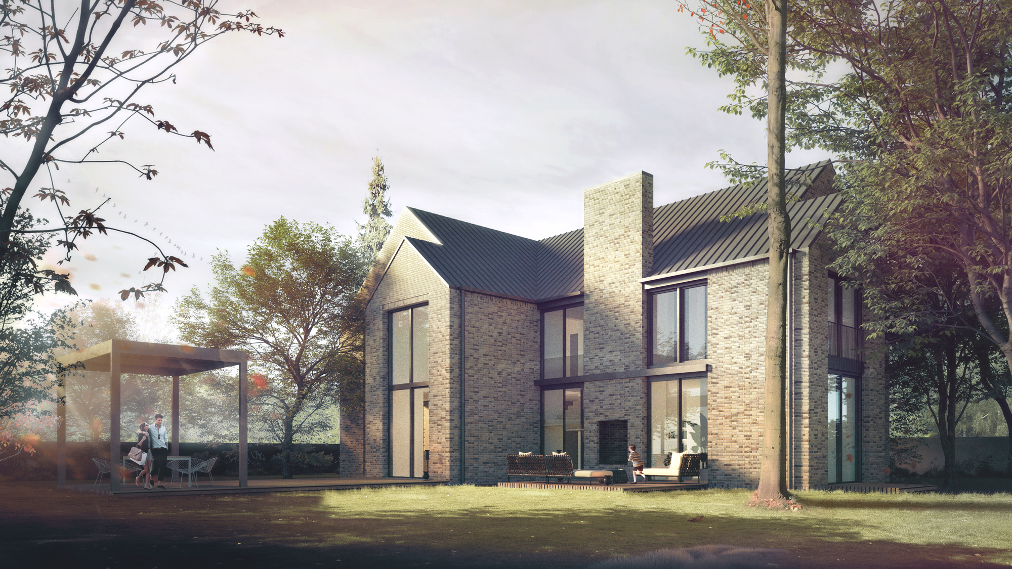 Four gable walls facing the four cardinal directions,
Komorów, area 398 m², completed 2019–2023
(Render by Dominik Becmer)
