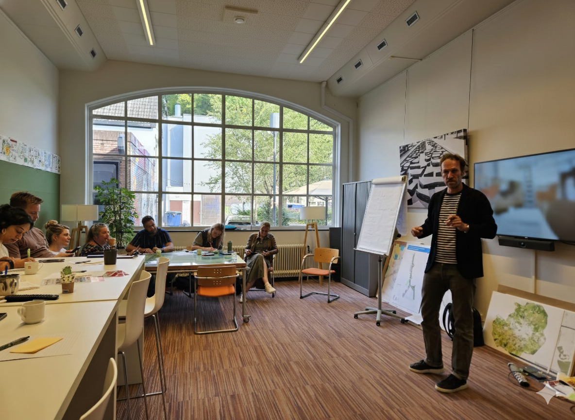 Een binnenruimte met een groep mensen die aan een tafel zitten en naar een man luisteren die voor een whiteboard staat. Er is een groot raam achter de groep met uitzicht op bomen en gebouwen. Maarten Brand geeft een lezing stage-expert
