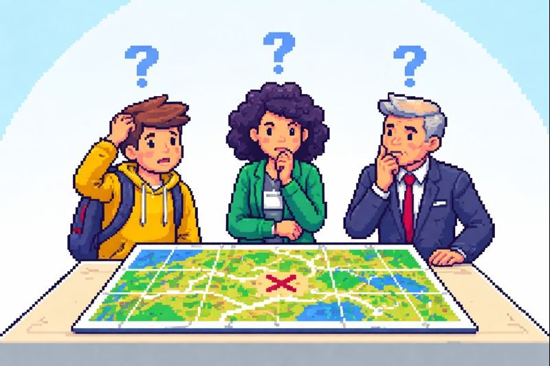 Minimalistische 8-bit illustratie van een stagiair, begeleider en directeur die samen vragend naar een kaart kijken.