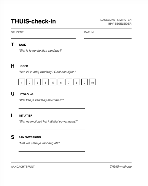 Een huiswerkcontroleformulier met de titel 'THUIS-check-in' en sections voor taak, hoofd, uitdaging, initiatief en samenwerking, inclusief vragen en invulvelden. Gemaakt door Maarten Brand Stage-expert