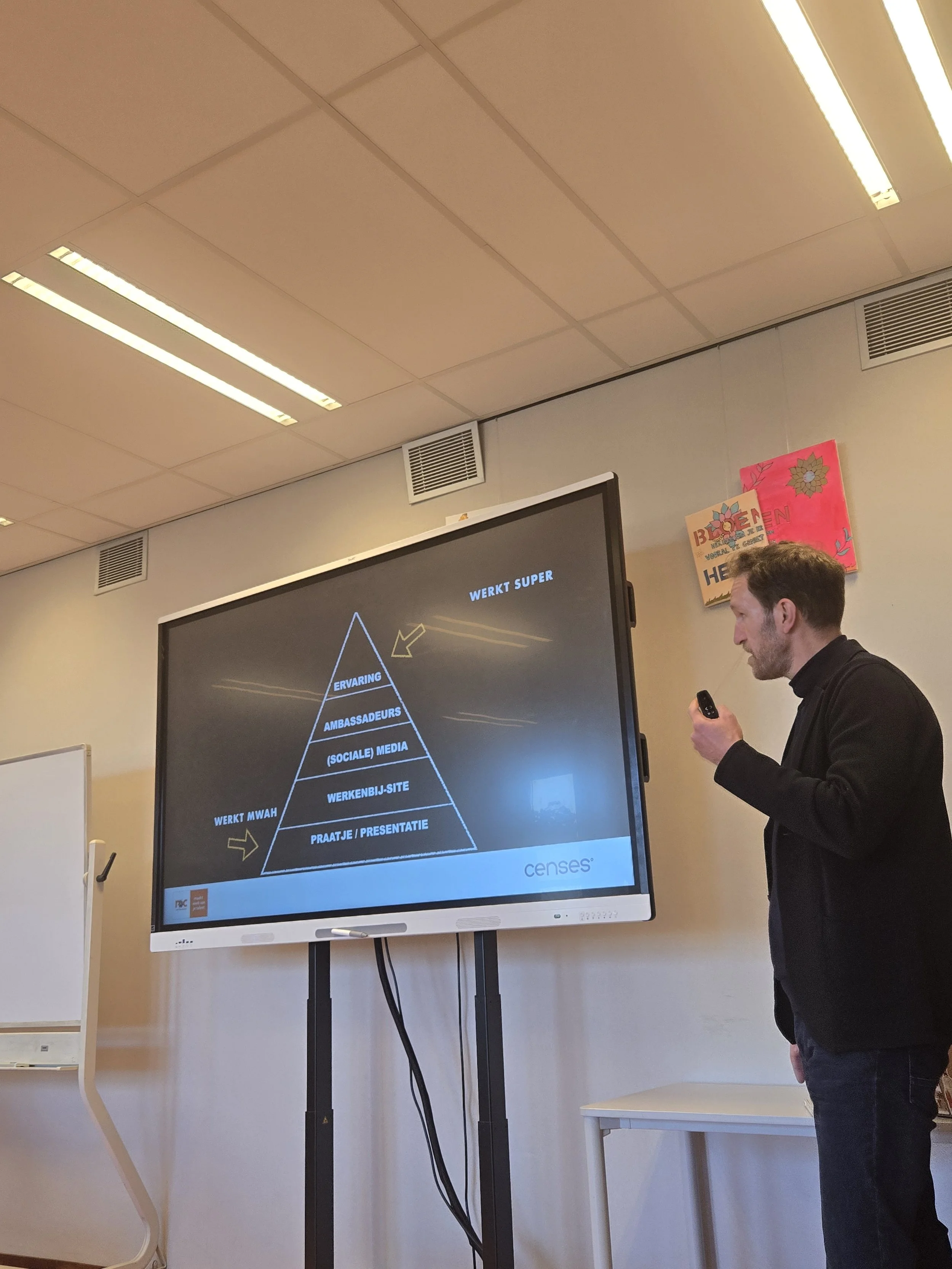 Man die voor een groot scherm staat en een presentatie geeft, met een diagram in het Nederlands over ervaring, ambassadeurs, sociale media, werkenbij-site, en praatje/presentatie.